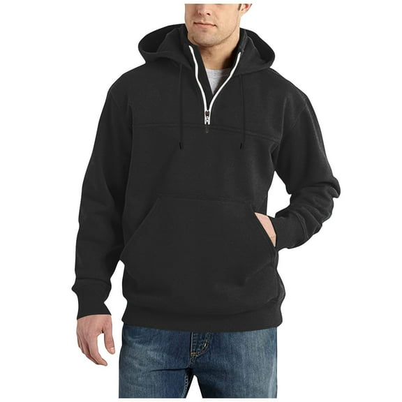 Men’s Pullover Hooded Sweatshirt with Half Zip Front Kangaroo Pocket and Adjustable Drawstring Hood Casual Fit Black L