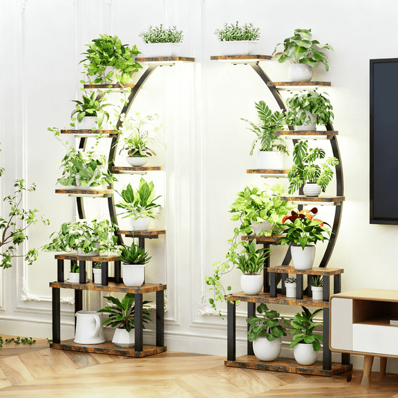 SDJPOI 2 Pack 63.6" Half-Moon Indoor Plant Stands with 5 Grow Lights, 9 Tiered Large Metal Plant Rack Shelves, Adjustable Modes & Timer Flower Display Rack for Living, Room,Office,Patio,Garden,Yard