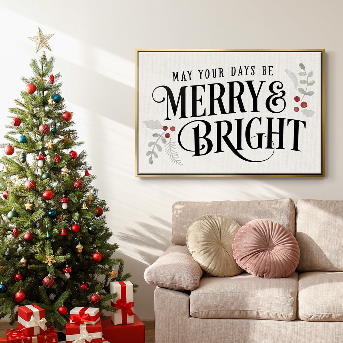 Merry Sentiment II - Framed Gallery Wrapped Holiday Canvas - 17 x 25 - Gold Frame