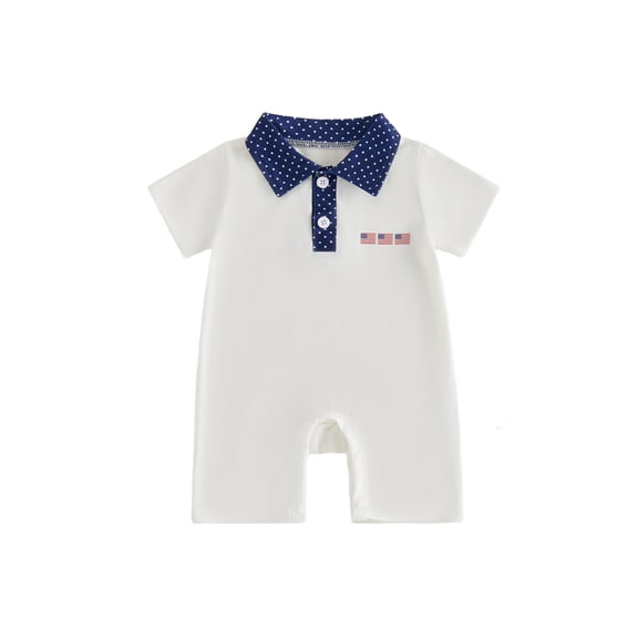 BemeyourBBs Newborn Baby Boy 4th of July Outfit Patriot Independent Day Summer Clothes Romper One Piece Infant Casual American Flag Dot Print Button Collared Short Sleeve Jumpsuit Shorts