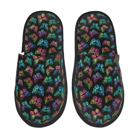 Balery Multicolored Butterflies Slient Indoor Furry Fleece Comfort House Shoes Soft Non-Slip Home Shoes Cotton slippers House Slippers-- Large