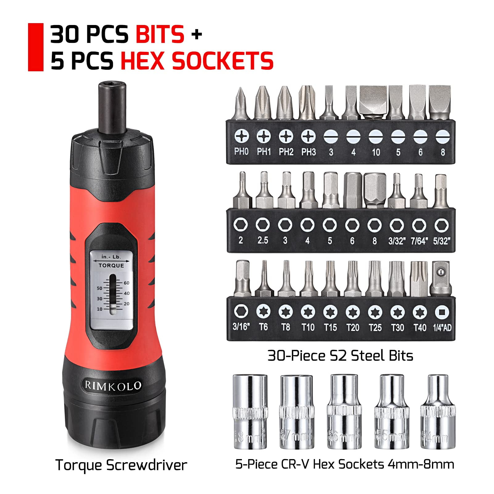 Torque Screwdriver Wrench Set (10-65 In.lb ±1) with 29 S2 Alloy Bits & 5 Drive Sockets | 1/4" Socket Adapter for Tools, Bike Repair, Mounting | Includes Portable Case