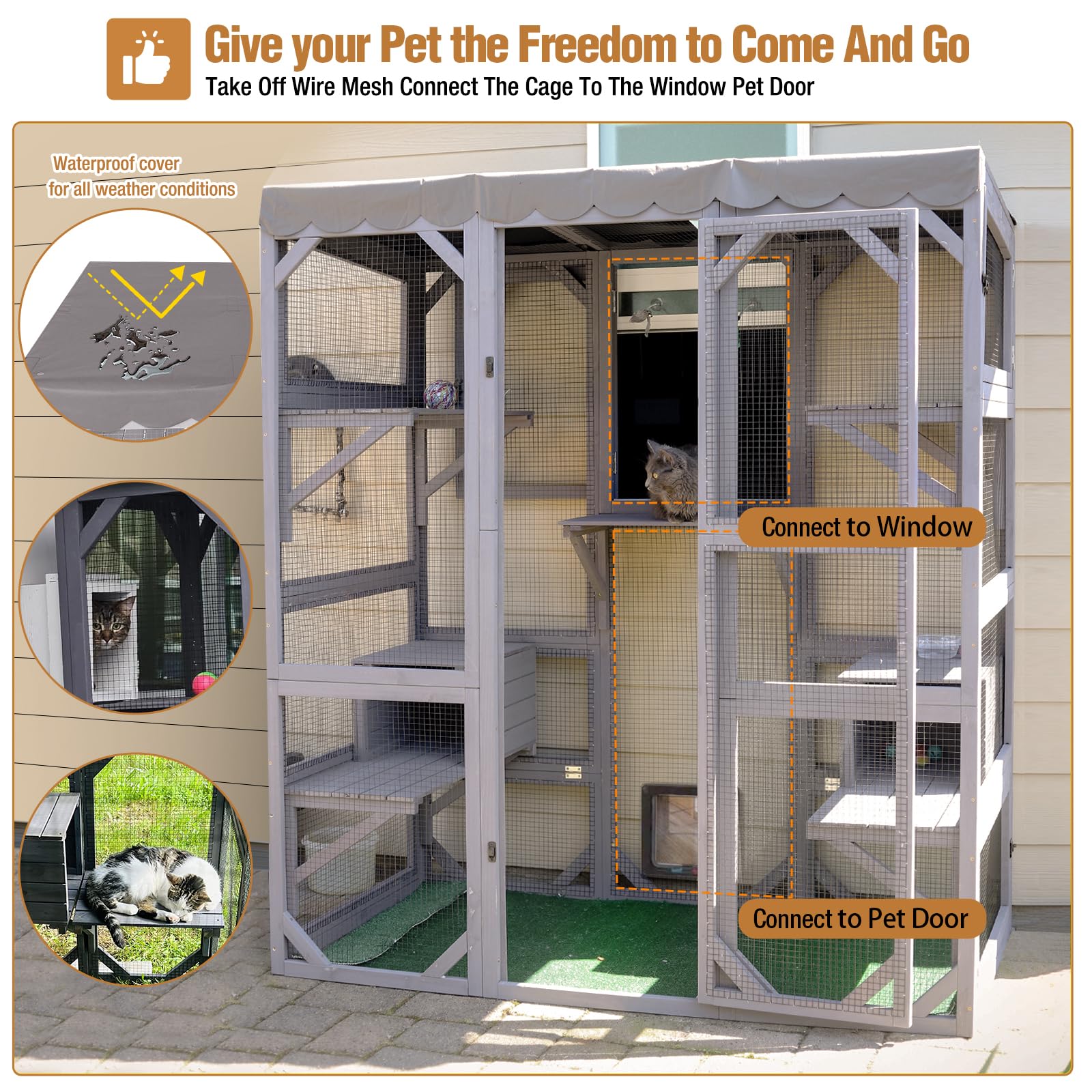 Wooden Outdoor Cat Enclosure with Condos and Waterproof Roof, Large Walk-in Catio for Multiple Cats, Indoor Shelter with Jumping Platforms, Grey