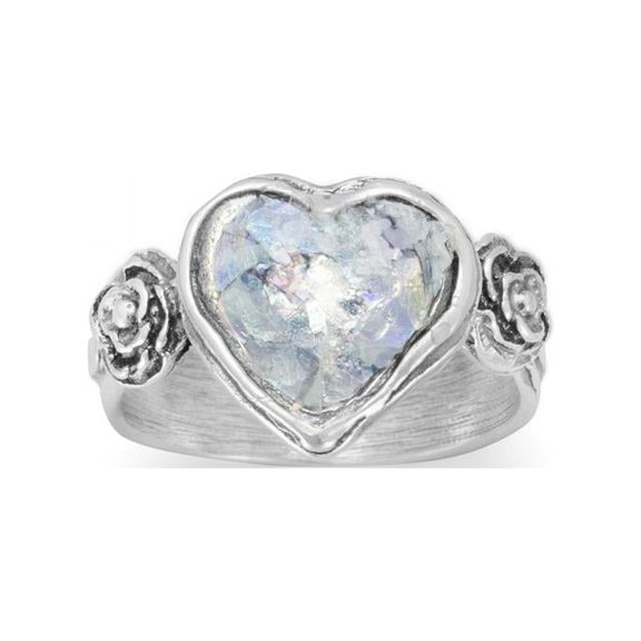 Ancient Roman Glass Ring Heart and Flower Design Sterling Silver