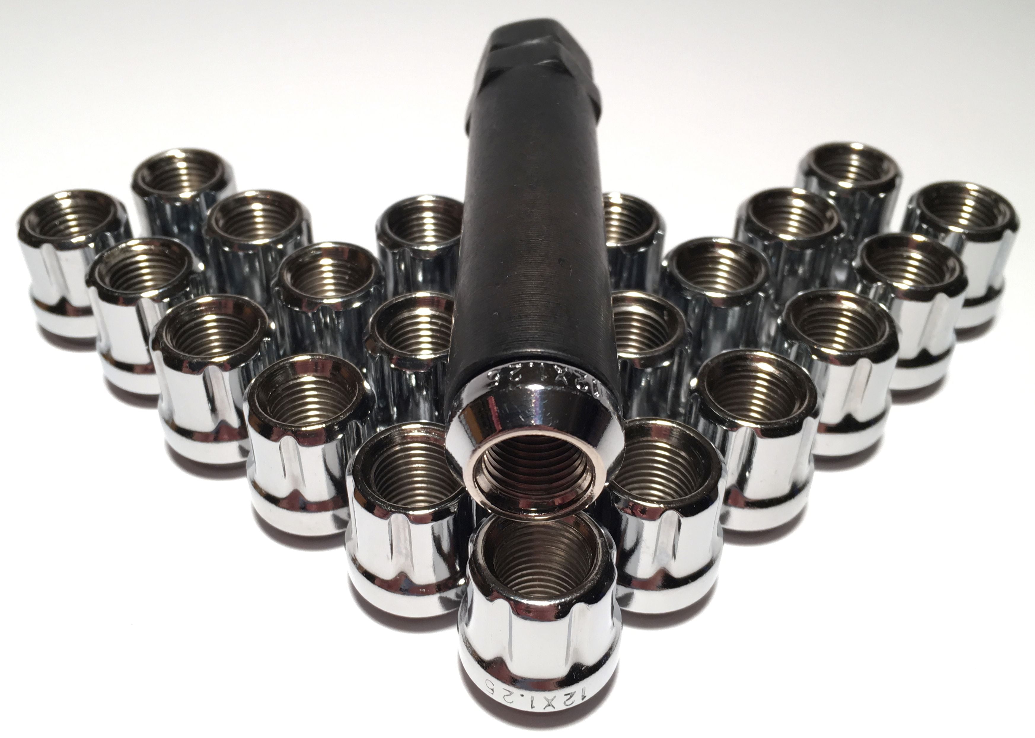 24 Chrome 12x1.25 Open End 6 Spline Tuner Lug Nuts w/ Adapter Key Nissan Infiniti