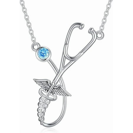 SISGEM Stethoscope Necklace 925 Sterling Silver Stethoscope Pendant Necklaces with Birthstone Graduation Nurse Gift for Women