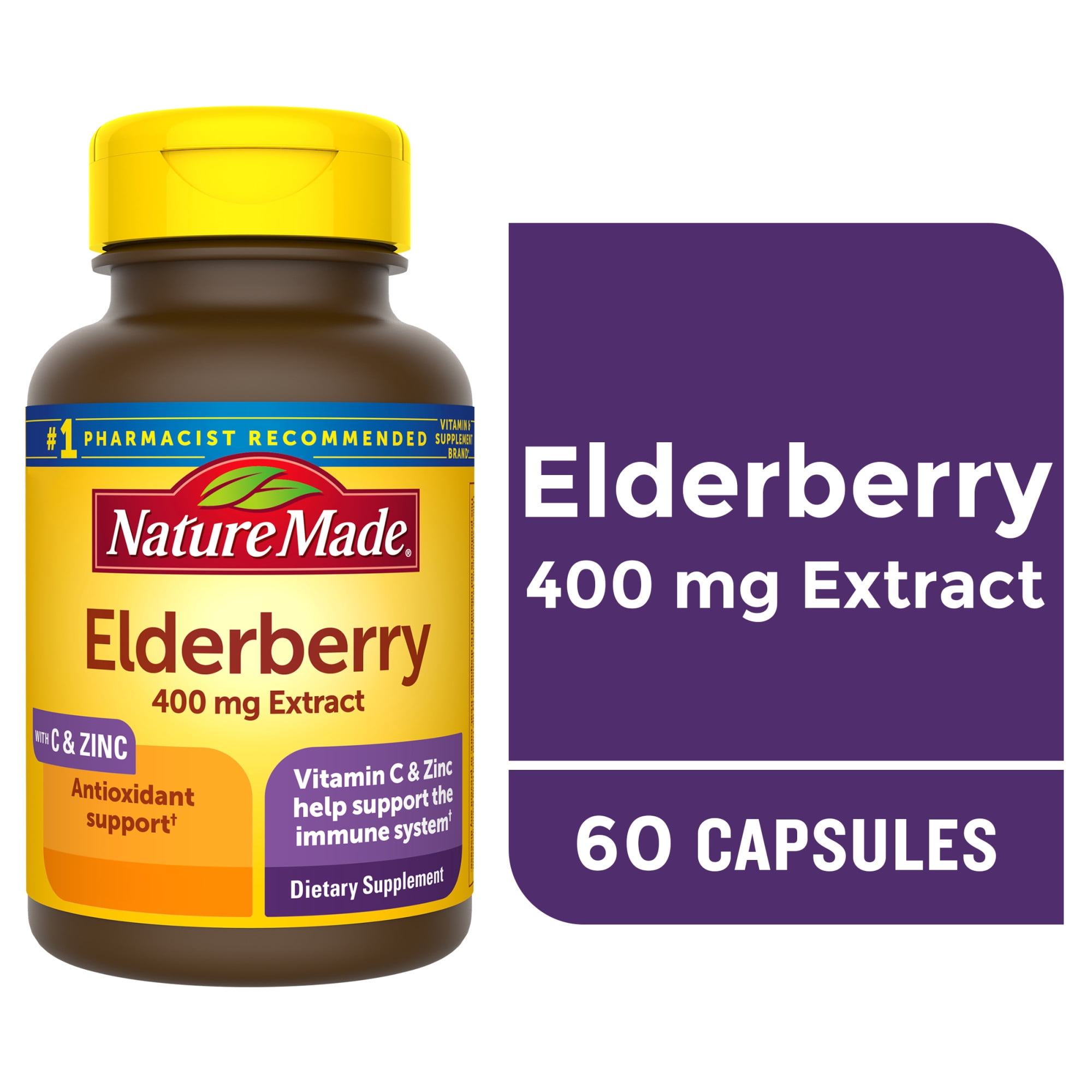 Nature Made Elderberry 400 mg Extract with Vitamin C and Zinc Capsules, Dietary Supplement, 60 Count