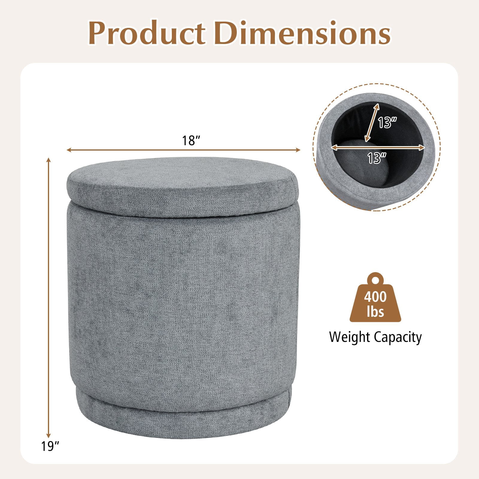 Costway Round Storage Ottoman Foot Rest with Removable Lid 400 LBS Weight Capacity for Home Gray