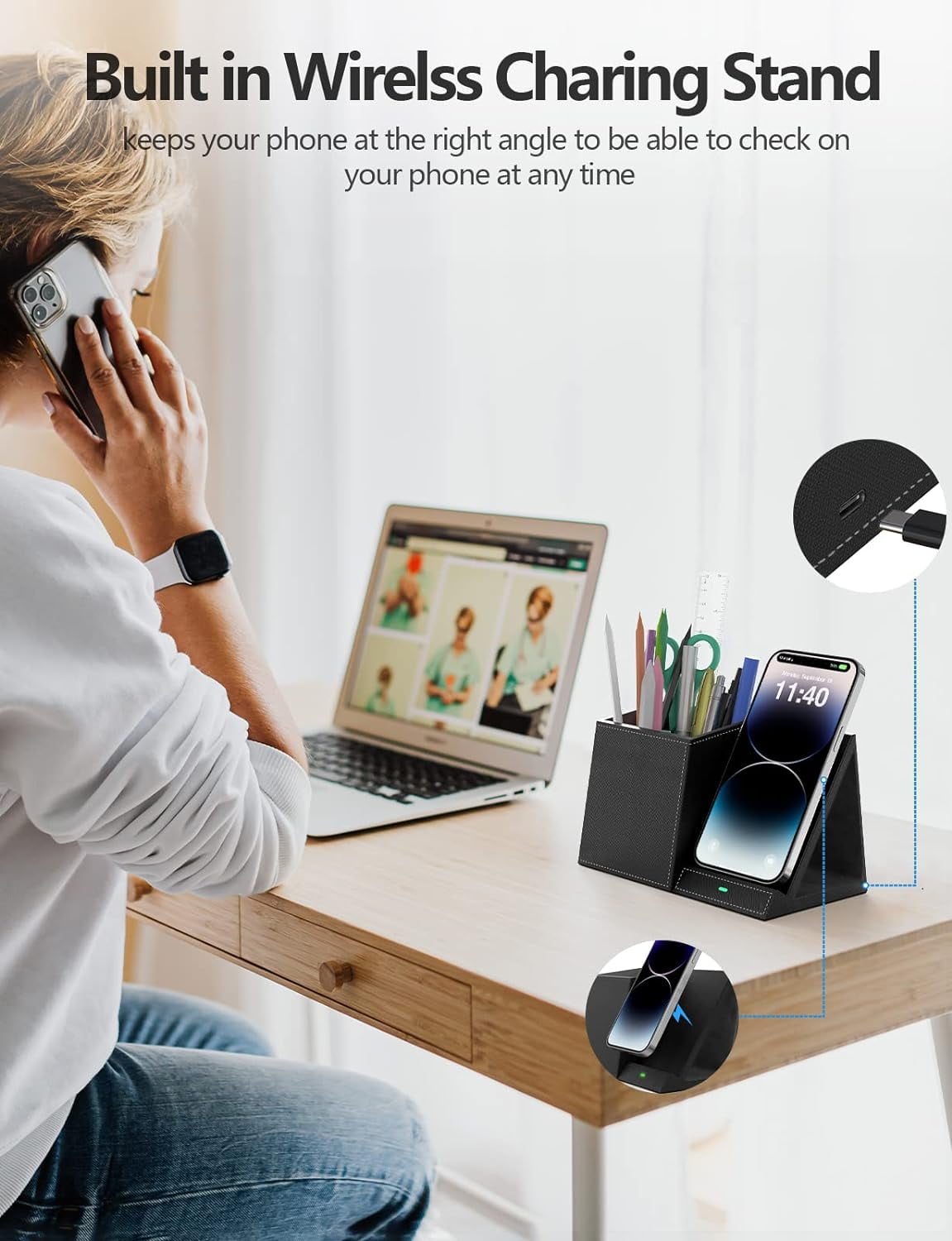 Miroddi Desk Organizer with Wireless Charging for iPhone, PU Leather with Pencil Holder for Desk & Nightstand, 1 Pack