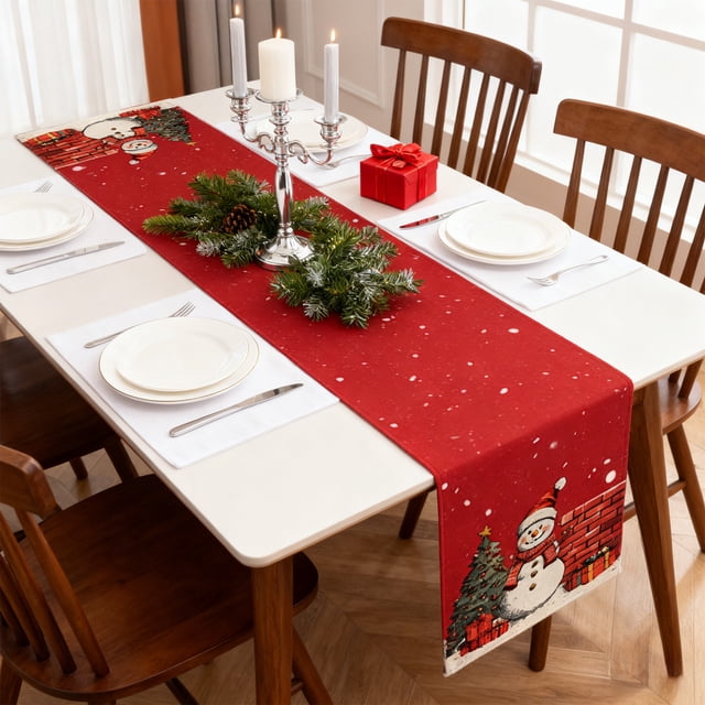 PEONAVET Christmas Tree Snowflakes Holiday Decoration Table Runner Seasonals Winter Red Kitchen Table Decoration Suitable for Restaurant Party Decoration