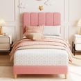 thumbnail image 1 of Light rosa tamaño individual marco de cama: bouclé forrado platform con wave cabecero para girls, fácil montaje, de madera slats support, no box spring, 1 of 5