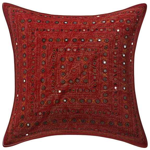 Stylo Culture Ethnic Couch Throw Pillow Cover Boho Embroidered 16x16 Mirrored Maroon Bohemian 40cm x 40cm Bedroom Cotton Geometric Square Cushion Cover | 1 Pc