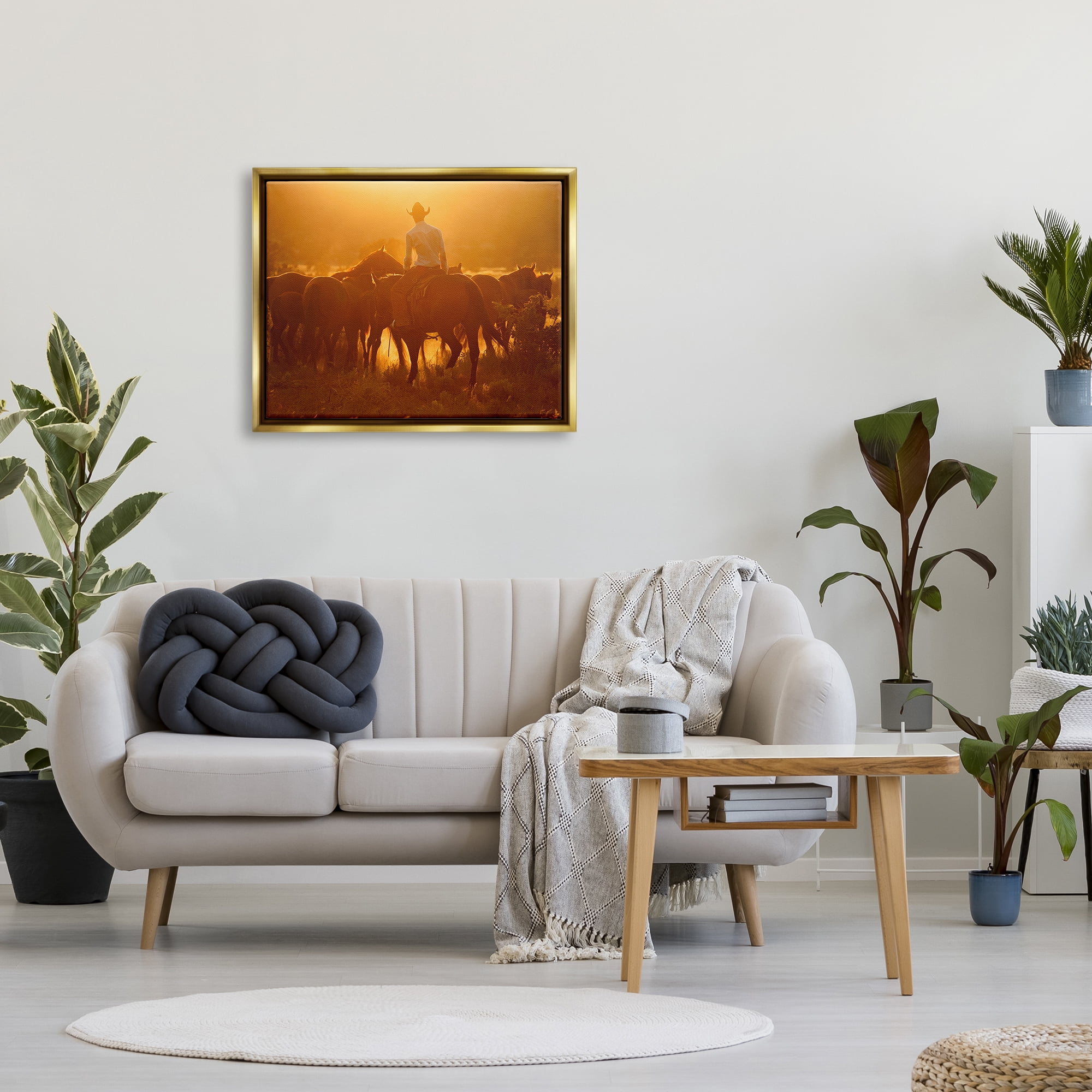 Stupell Industries Warm Sunlit Cowboy Riding Horse Rural Ranch Photograph Metallic Gold Floating Framed Canvas Print Wall Art, Design by Lisa Dearing
