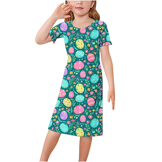 RXIRUCGD 2025 Vêtements d'Été pour Enfants 3-12 Ans Mode Couleur Unie Pyjamas Rêveurs Robe à Manches Courtes Col Rond