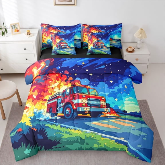 Castle Fairy Cartoon Fire Truck Twin Bedding Sets 7-Piece for Toddlers, Night Flame Print Bedding Comforter Set for Bedroom, Red Blue,Black Reversible
