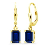 Gem Stone King 18K Yellow Gold Plated Silver Blue Created Sapphire Dangle Earrings for Women (3.00 Cttw, Gemstone September Birthstone, Octagon 8X6MM)