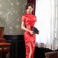 thumbnail image 3 of Vestido chino ajustado para niña, estilo joven, manga corta, estilo cheongsam, primavera, largo, brocado, 3 of 6