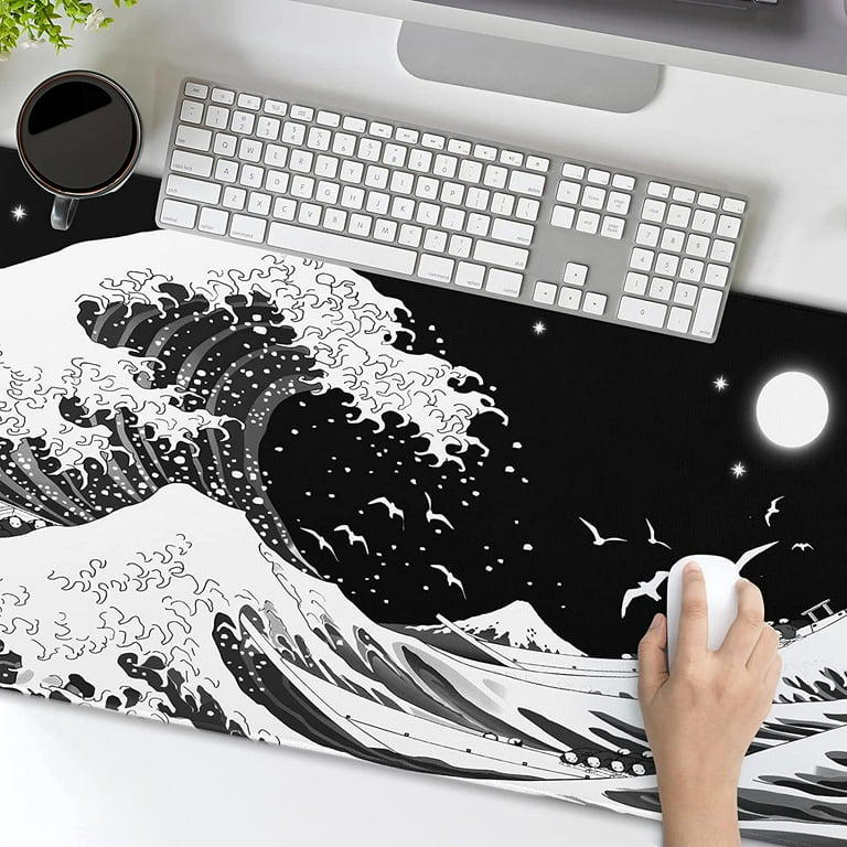 Japanese Wave Mouse Pad Black White Sea Aesthetic Moon Extended Desk Mat  Non-Slip Rubber Base with Stitched Edge Large Playmat for Gaming Laptop  Computer,35.4×15.7 in 