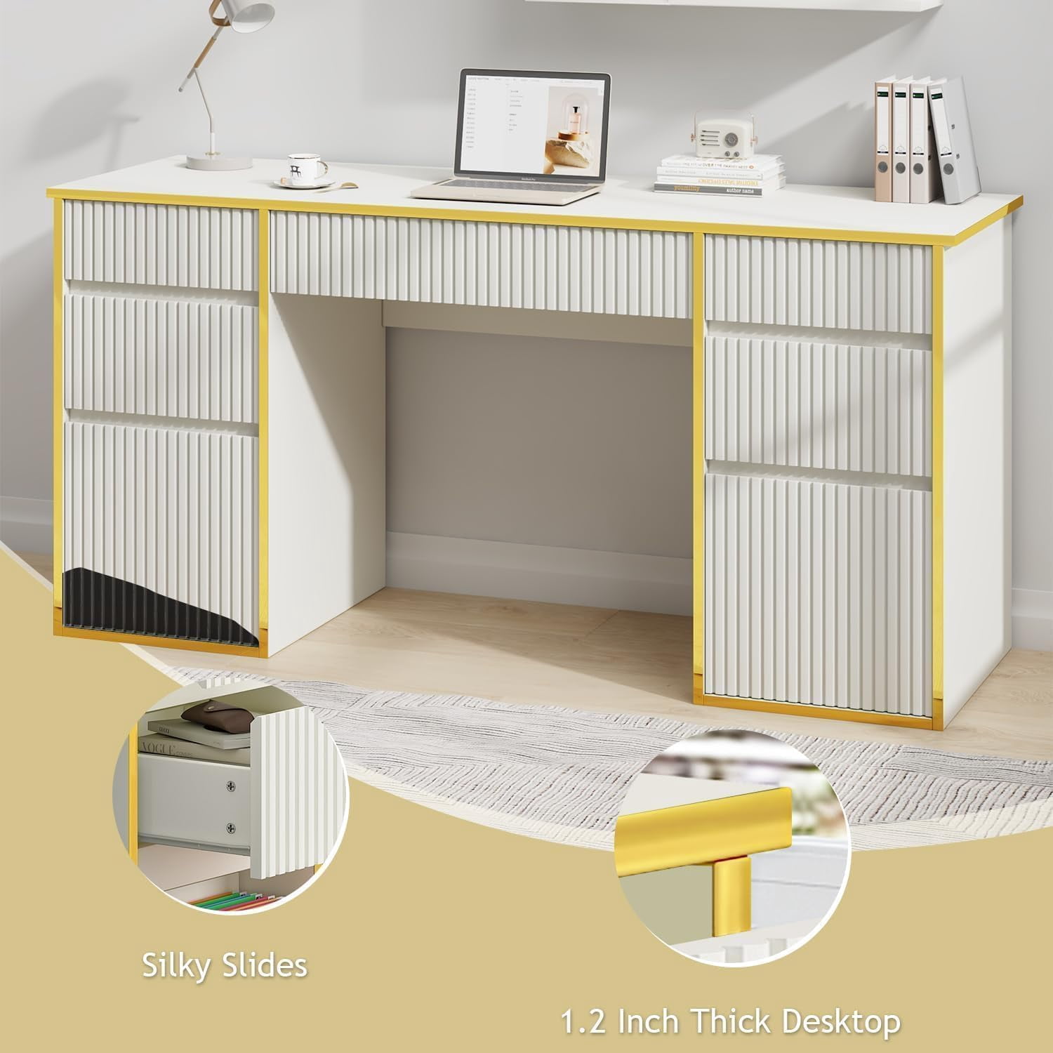 DreamCurship 58 inch Executive Desk with Drawers, Computer Desk with 7 Drawers, Home Office Desk for Work Study Writing, White and Gold