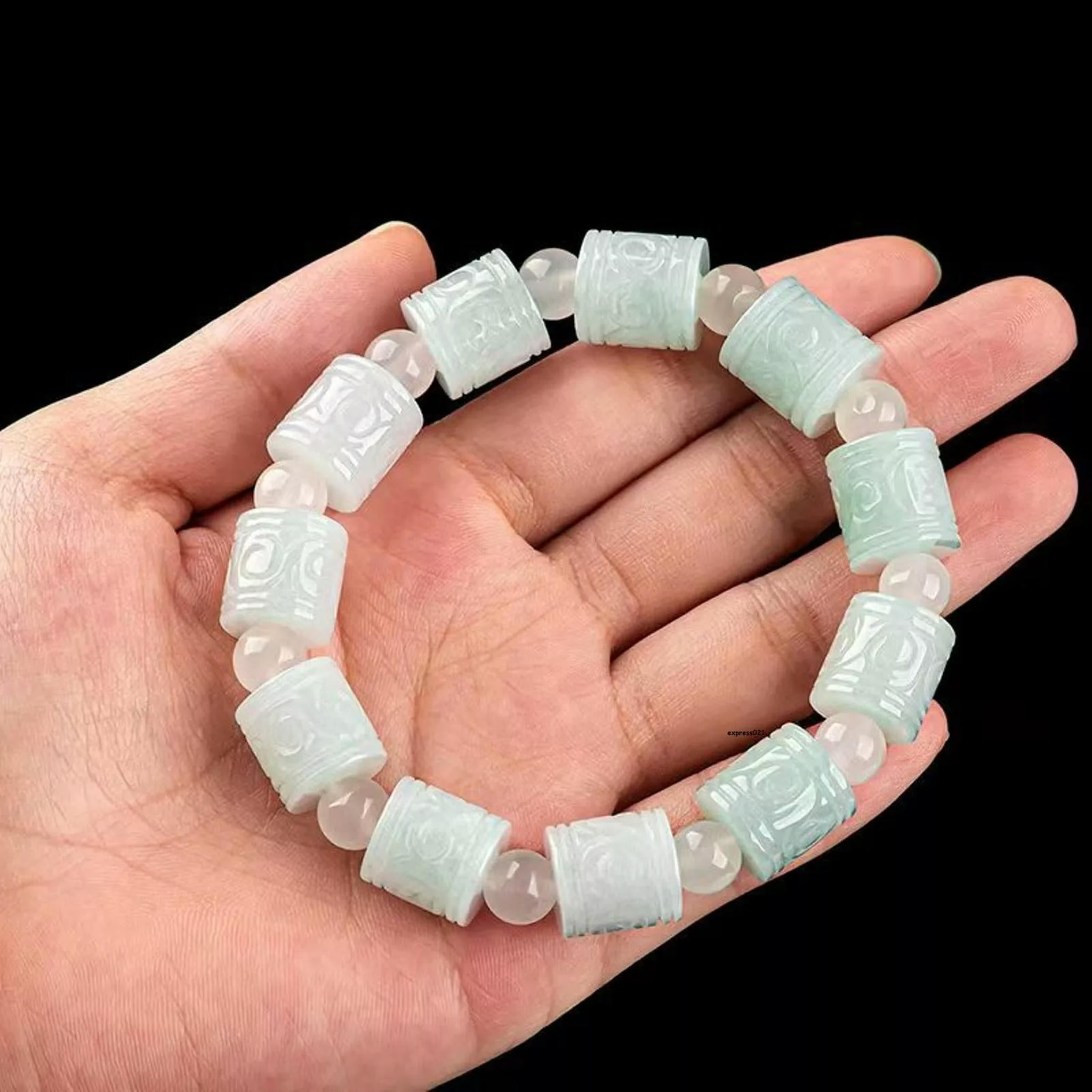 HOOUN Natural Grade A Jade Jadeite Men Women Lucky Carved Column Round Bead Bracelet