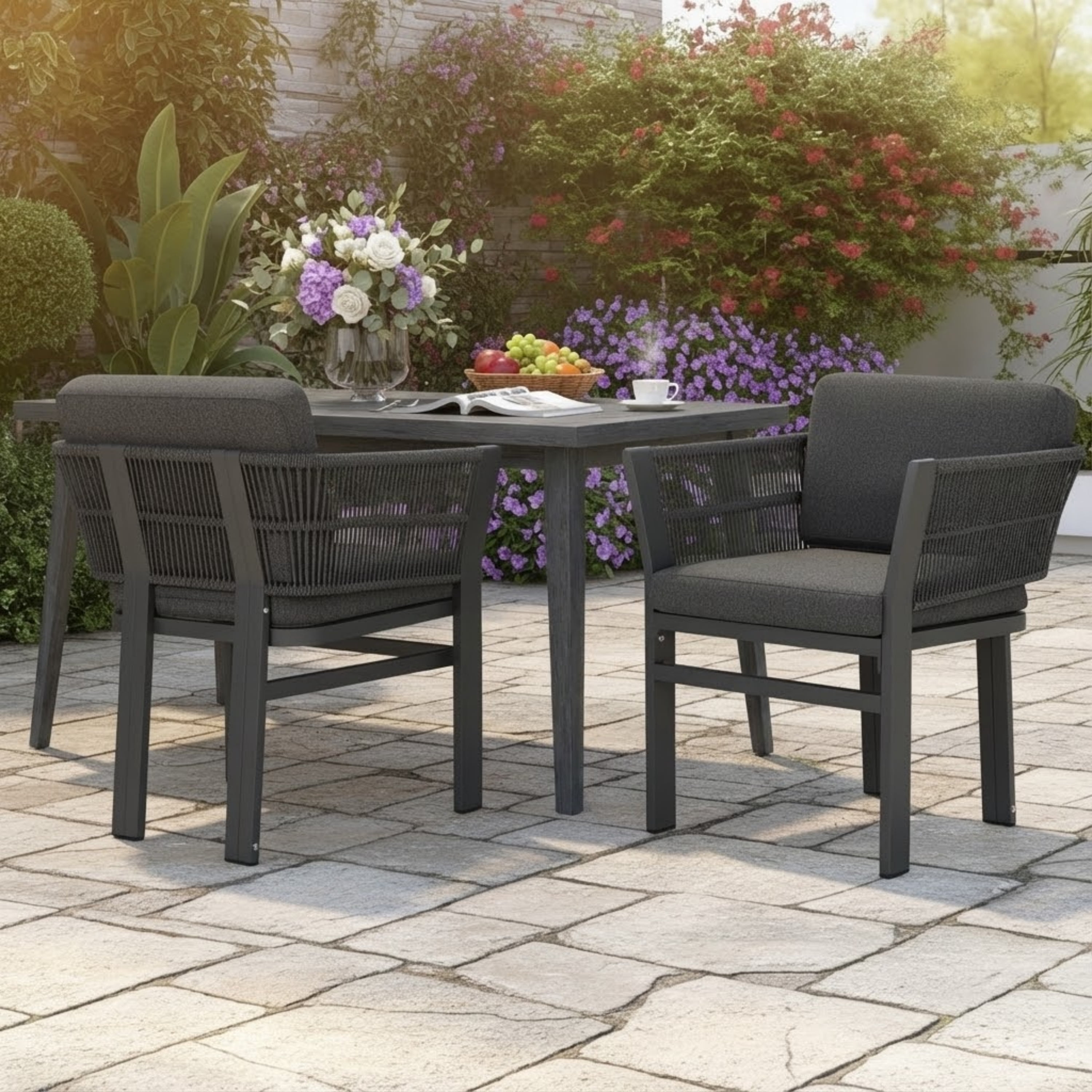 Outdoor Dining Chair Set of 2, Grey Aluminum Frame with Grey Cushion All-Weather Patio Seating, Grey