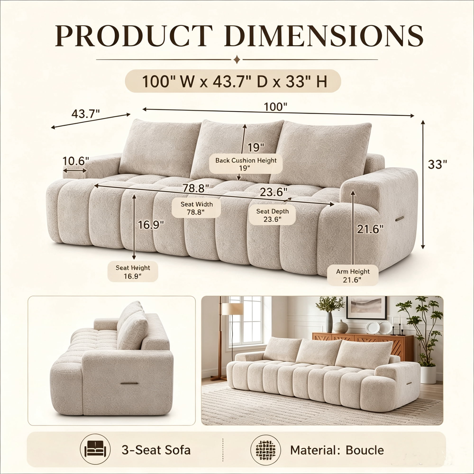 Aukfa 100" Oversized Boucle Cloud Sofa Deep Seat Boneless Couch with Curved Front for Living Room, Camel