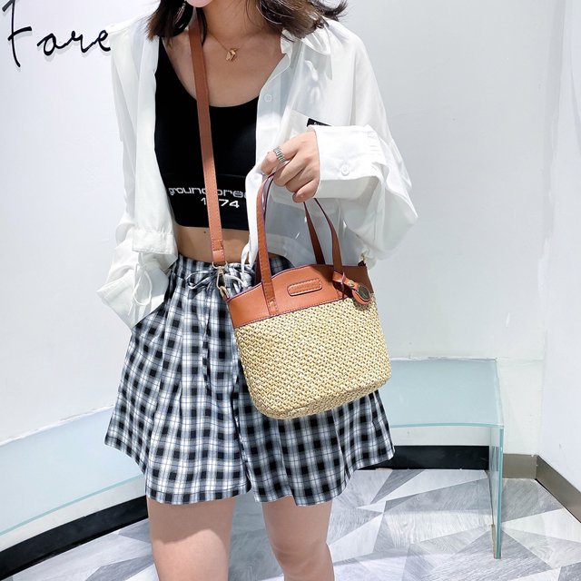 Bolsa Bolso de hombro de punto de paja portátil para mujer Bolso de mano de vacaciones de empalme de PU (L) Ehuebsd Nuevos Originales