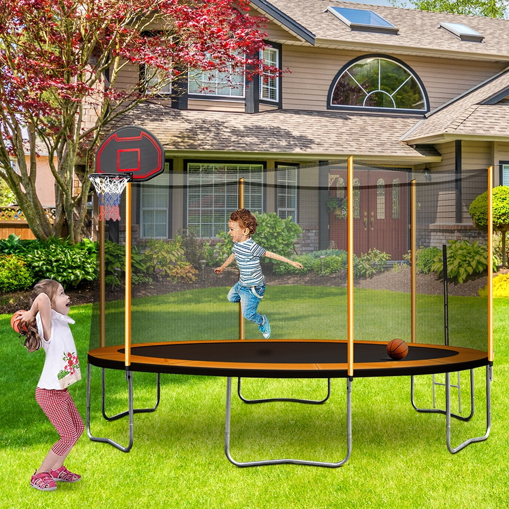 14-Foot Outdoor Trampoline with Basketball Hoop, Kids Trampoline with ...