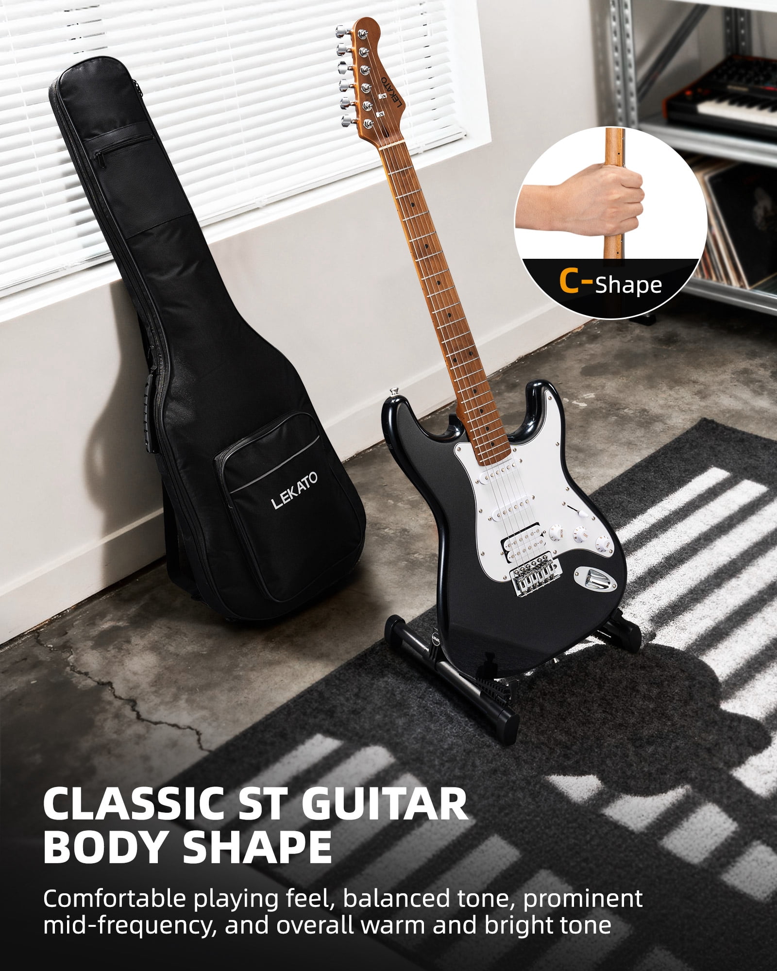 LEKATO Electric Guitar Kit Beginner 39 Inch Full Size Solid Body Guitar HSS for Starter Roasted Maple Neck Fretboard Stainless Steel Frets, 5W Mini Amp, Bag, Tuner, Capo, Strap, String, Picks