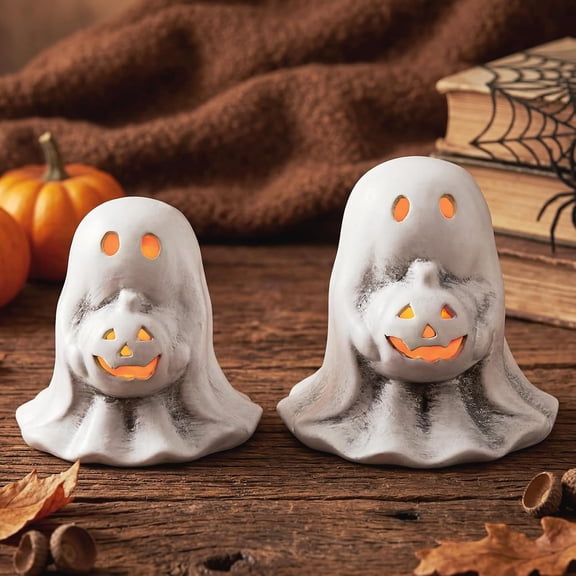 Terracotta Ghost Holders, Handmade Ghost Pumpkin Candle Covers, Halloween Tabletop Decor for Mantel Shelf Indoor Display, Fall Party Centerpiece, Lazyguy