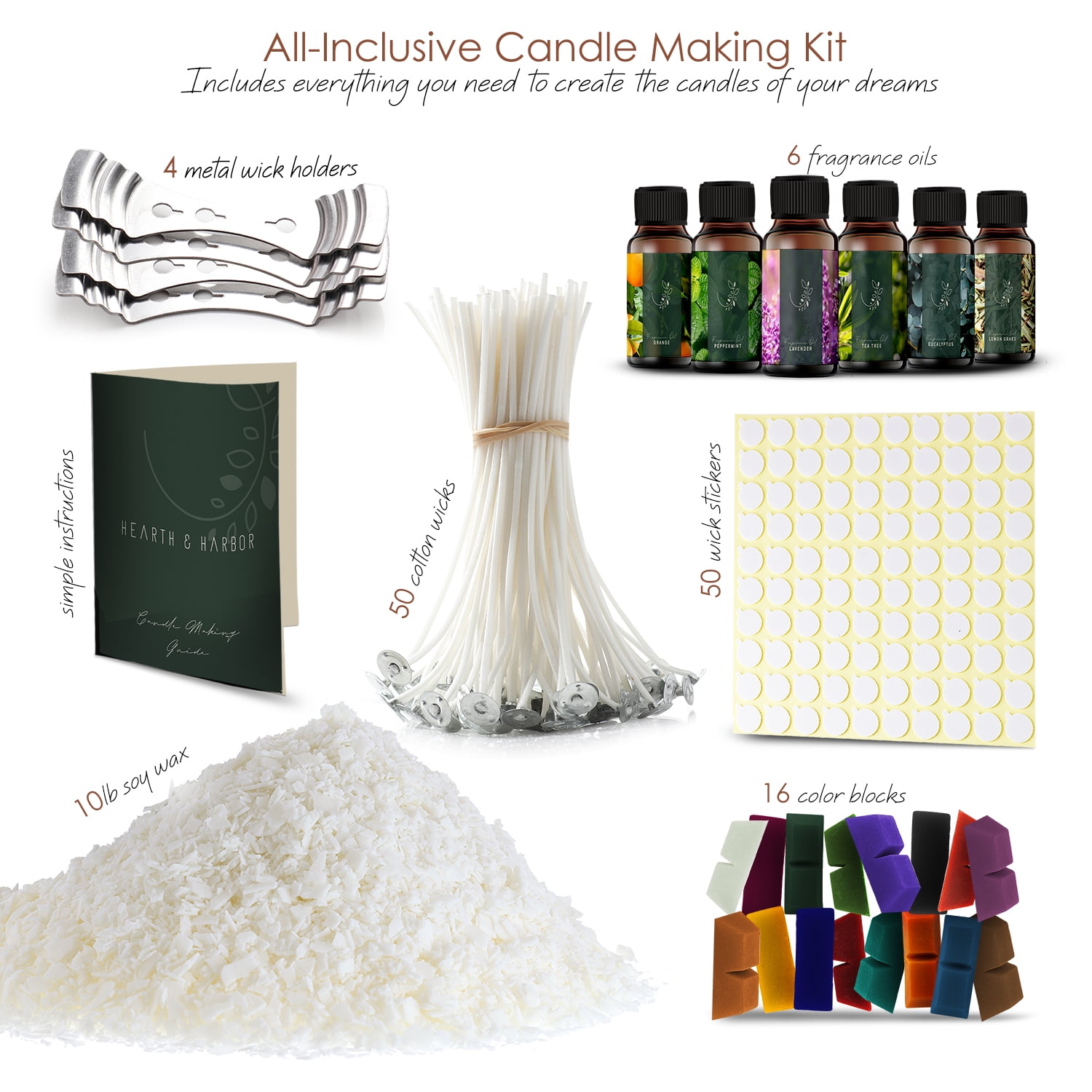 Hearth & Harbor Soy Candle Making Kit - Bulk Supply Kit - 128 Pieces - Candle Wax for Candle Making - 10lbs Natural Soy Wax, Fragnance Oil, Cotton Wicks, Metal Centering Tool, Dye Blocks
