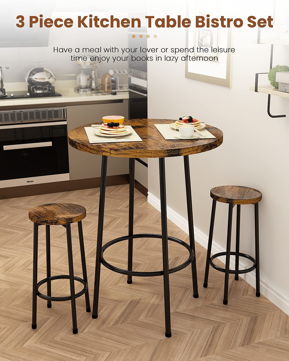 3 Piece Pub Table Set Bar Stool Counter Height Bistro Kitchen Dining Chair Round 