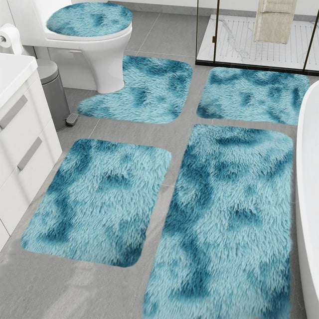 Cagogo under $5 Bath Mats Set, 5-Piece Mixed Color Bath Mat Set Plush Non-Slip, Long Pile Absorbent Bathroom Rug Set, Machine Washable Toilet Tub Mats, Tie-Dye Pattern Carpet Set