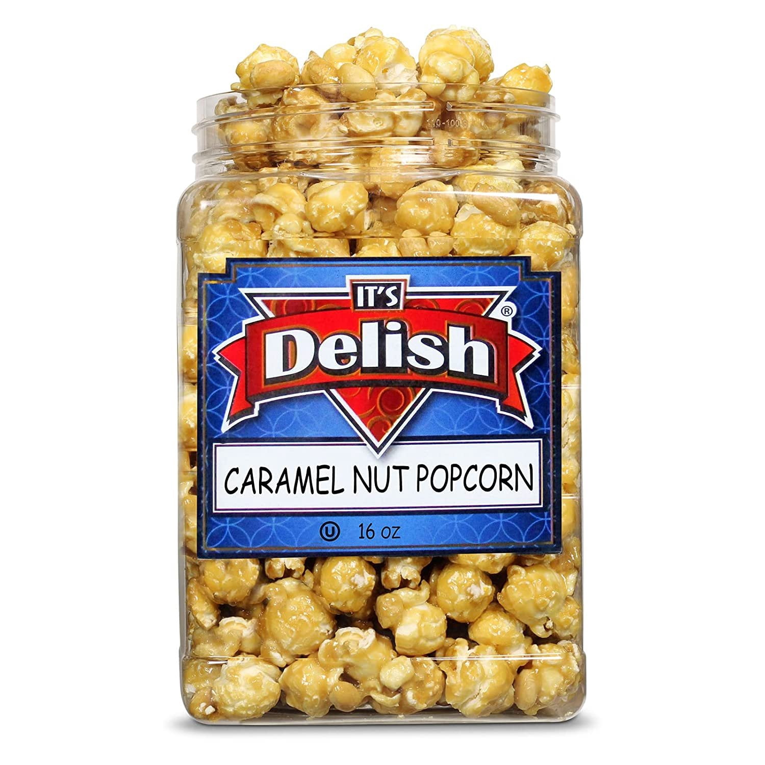 Gourmet Caramel Nut Popcorn with Peanuts by Its Delish, 16 OZ Jumbo Container  Caramel Air Popped Sweet Crunchy Glazed Carmel Corn With Nuts Snack, Movie Night, Parties - Gluten Free, Vegan, Kosher