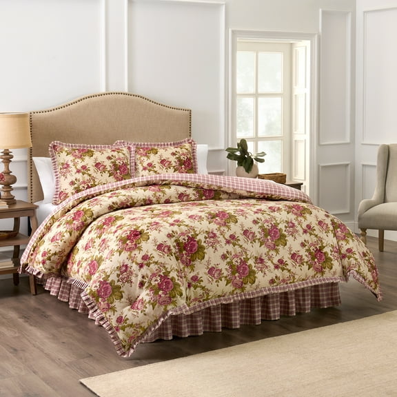 Waverly Norfolk 4-Piece 100% Cotton Comforter Set - King Red Floral Prints, with 2 Shams & 1 Bedskirt