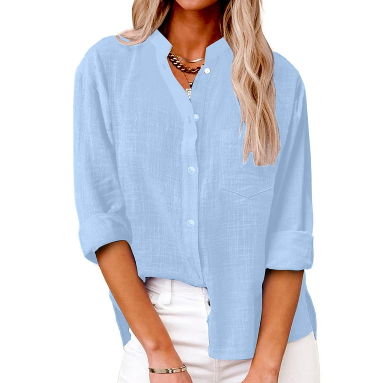 YYDGH Womens Long Sleeve Button Down Shirts V Neck Cotton Linen Blouses  Roll Up Casual Work Plain Solid Color Tops Blue M 