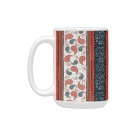 

Modern Decor Ethnic African Tribe Style Borders and Indian Paisley Image Dark Slate Blue White and R Ceramic Mug (15 OZ) (Made In USA)