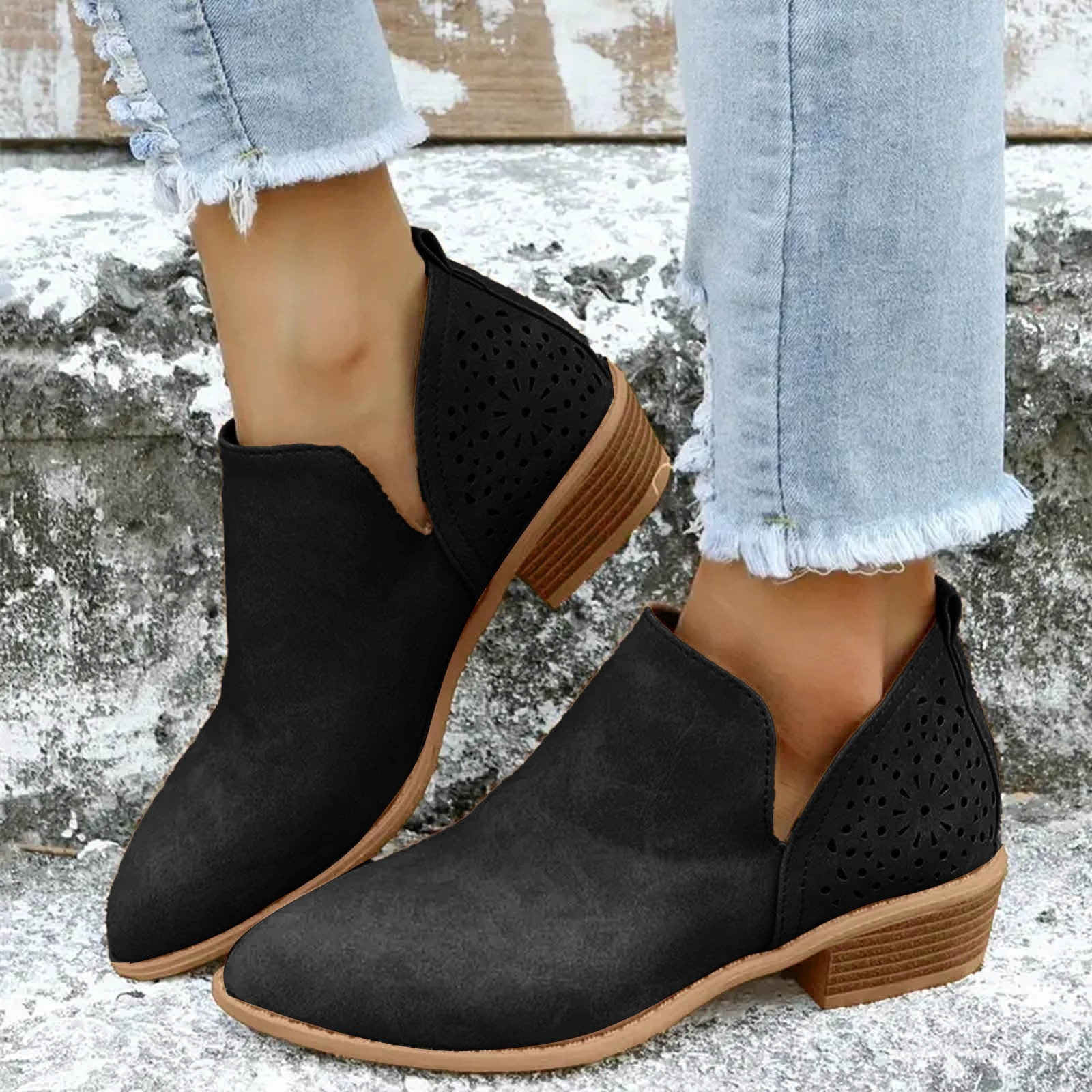 Dakaela Ankle Boots for Women Casual Slip on Loafers Chunky Low Heel Dress Shoes Cut out Work Booties
