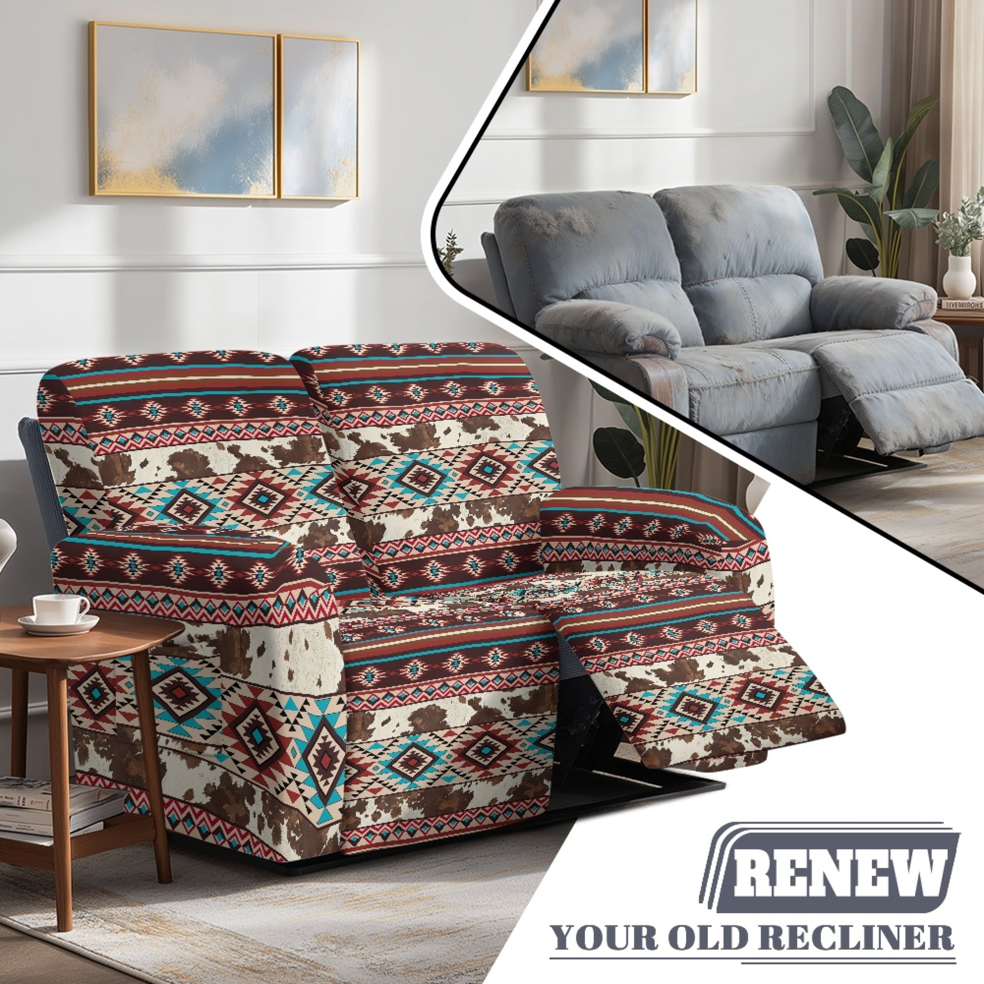 TSOVTHRID Aztec Tribal Cow Pattern Reclining Loveseat Slipcovers, 6-Piece Soft Stretch Sofa Cover, 2 Seat Washable Loveseat Recliner Covers for Dogs Cats