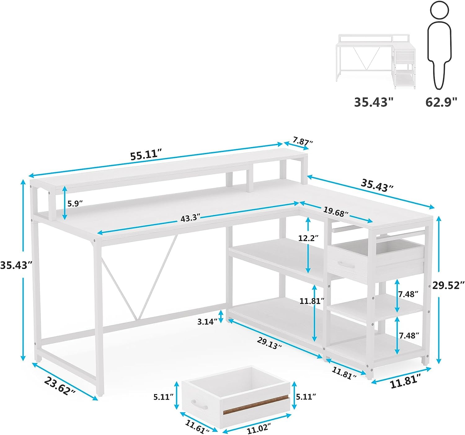 Tribesigns L Shaped Desk with Drawers and Monitor Stand, Reversible Corner Desk with Storage Shelves for Samll Home Office (White)
