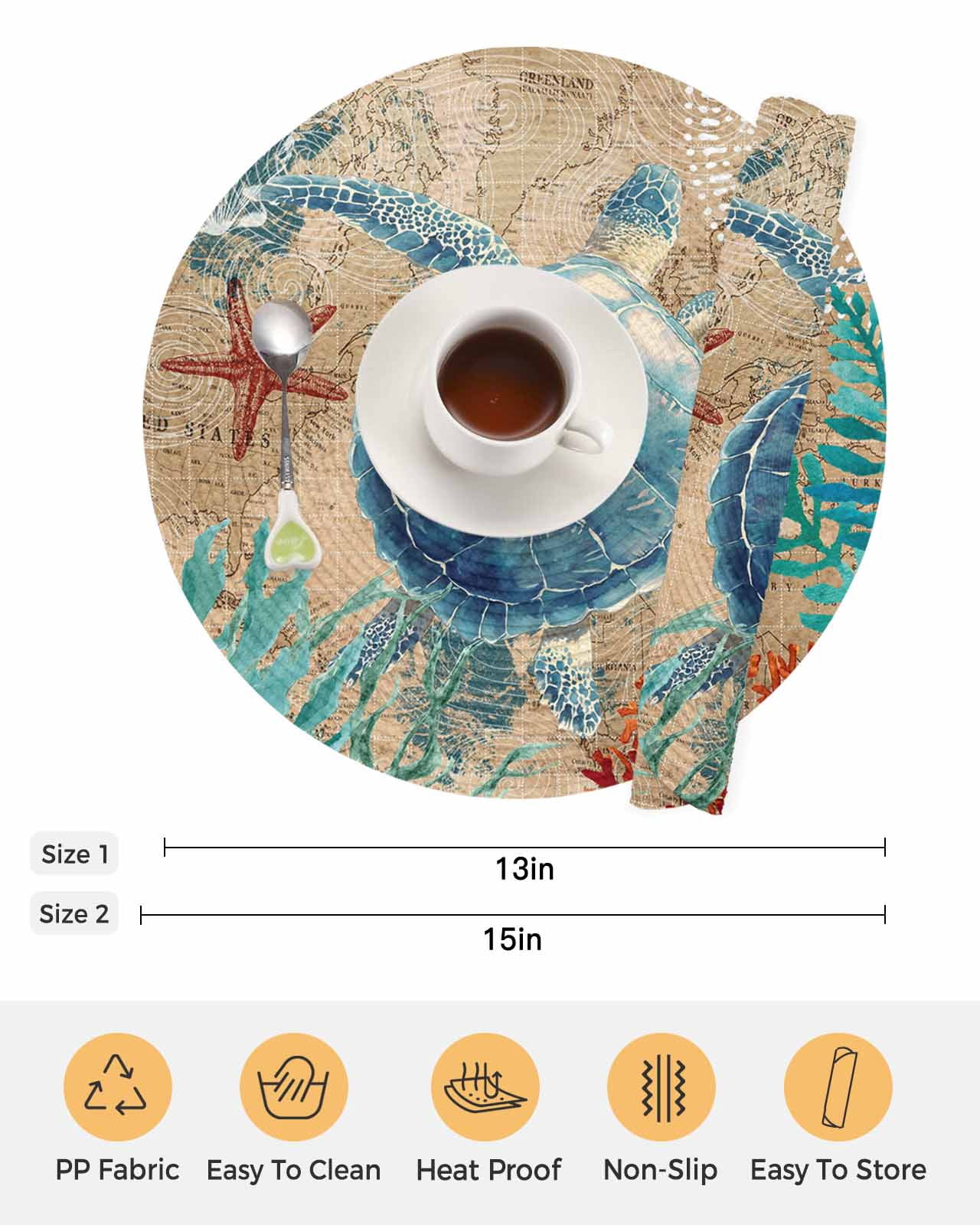 13 Inch Round Placemats Set of 4, Brown Sea Turtle Coastal Non Slip Heat Insulation PP Table Mats, Nautical Coral Ocean Vintage Washable Place Mats for Kitchen Dining Party Table Decor