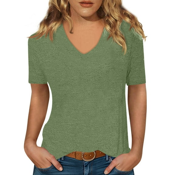 Women Summer Casual Shirts Women's Short-sleeved T-shirt V-neck Solid Color Top
