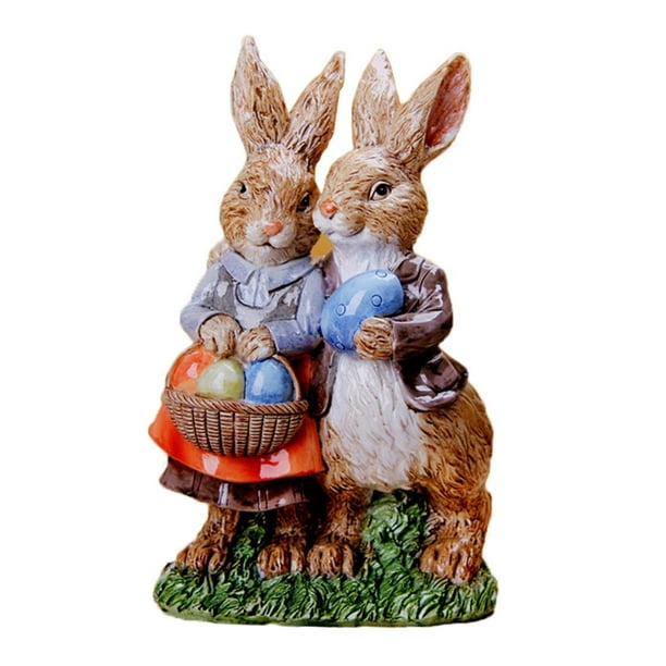 Escultura de mesa de conejo de Pascua pintada a mano, figurita de conejo Pareja