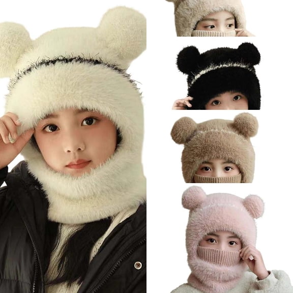 Wdgfv Toddler Integrated Hat Neck Warmer, Thick Ear Flap Winter Beanie with Pom Pom, Windproof Kids 2 in 1 Hat Scarf Combo One Size