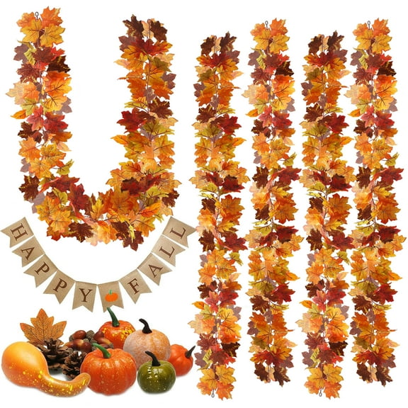 Upgraded 5Pack Fall Maple Leaves Garland,5.9Ft Artificial Maple Leaf Autumn Garland Hanging Fall Vines Table Decorations for Thanksgiving Garland Front Door Decorations Fall Decor
