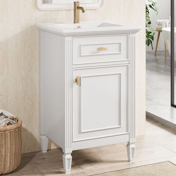 WGYPRIME 20" Bathroom Vanity with Ceramic Sink, Freestanding Bathroom Sink Cabinet with Tilt-Out Drawer and Door, Single Bathroom Cabinet for Small Bathroom