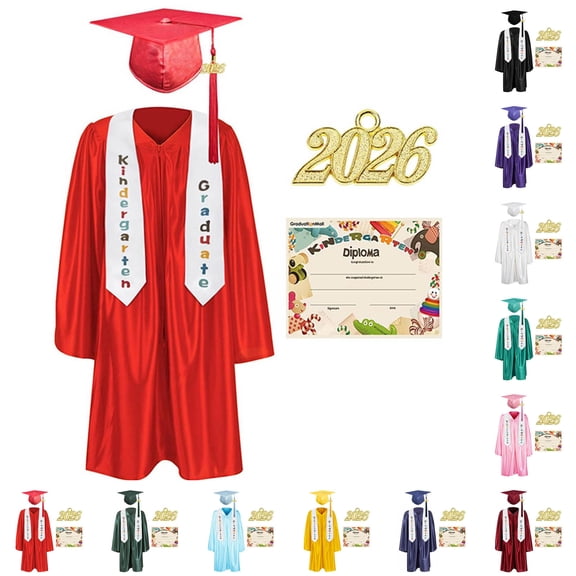 Kindergarten Graduation Gown Cap Set Printed Stole 2026 Congrats Grad Outfit With Tassel & Certificate (14 Years, Red)