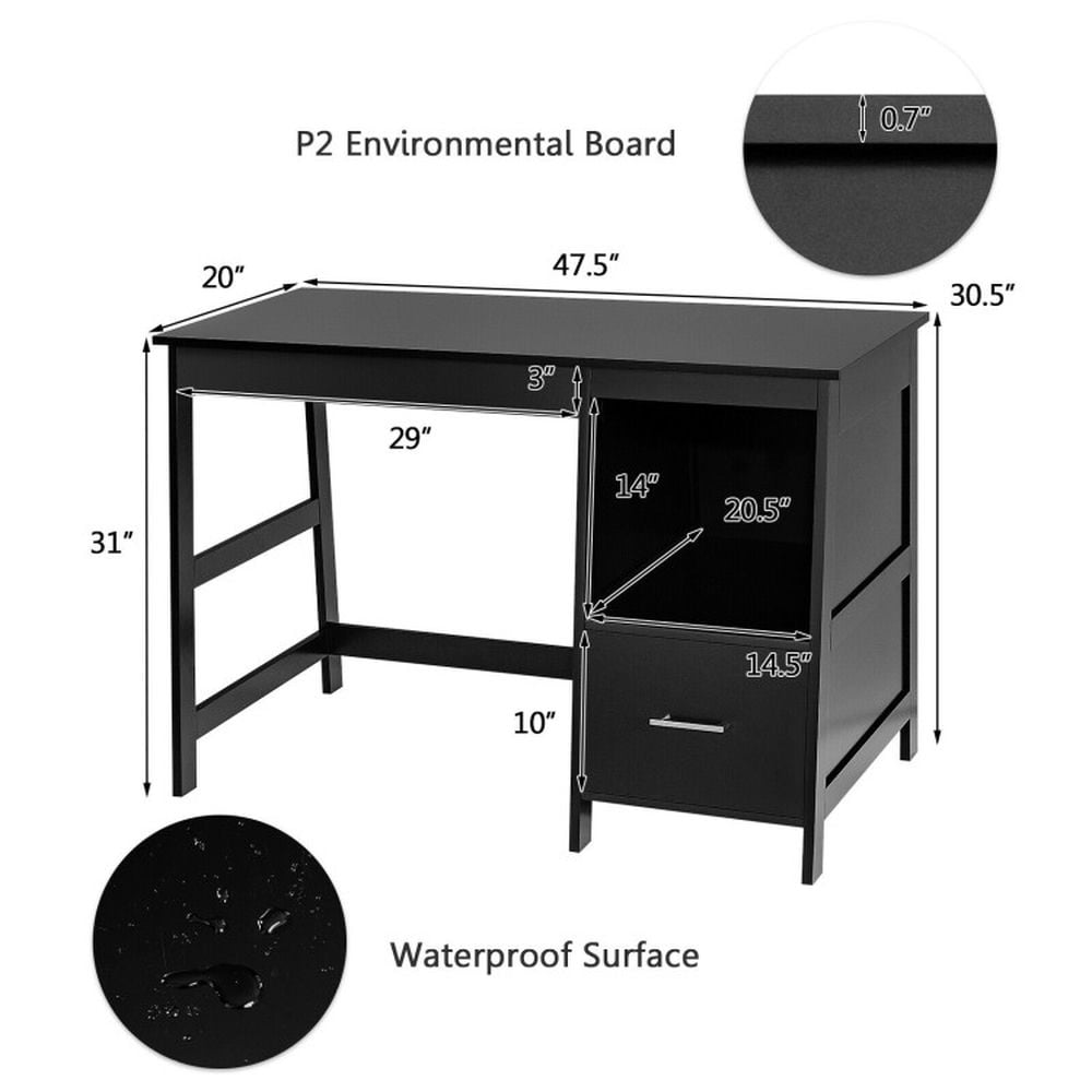 Demi Bonn 47.5" Modern Home Computer Desk with 2 Storage Drawers, Office Desk Study Writing Table, Black