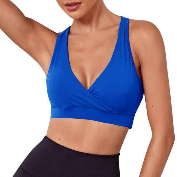 Cathalem Strappy Sports Bras For Women Medium Support Crop Top Seamless  Ribbed Removable Cups Workout Yoga Sport Bra,Blue L