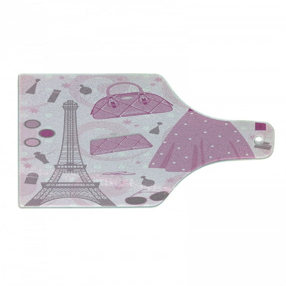 Heels and Dresses Cutting Board, Paris Fashion Atelier French Boutique Feminine Glamor Eiffel, Tempered Glass Cutting and Serving Board, Wine Bottle Shape, Pale Pink Magenta Mauve, by Ambesonne